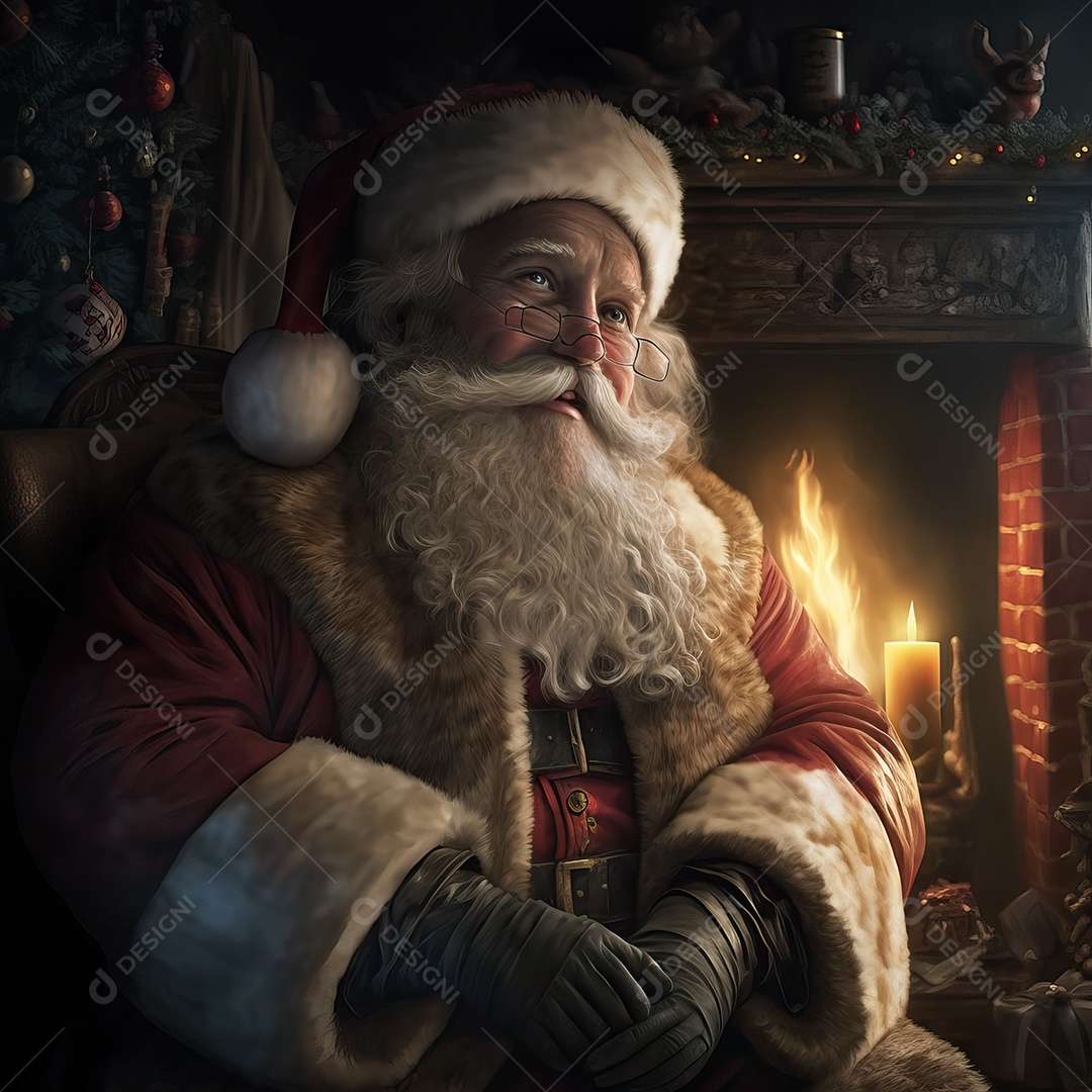 Papai Noel em sua casa sorrindo e amigável sentado perto da lareira na noite de Natal.