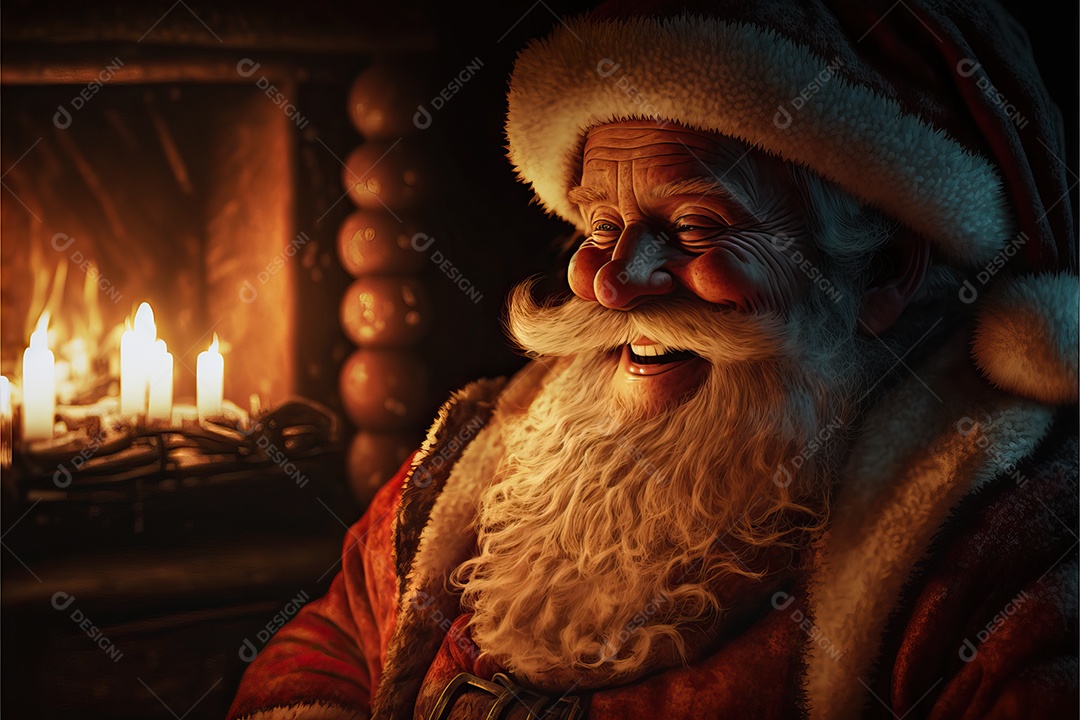 Papai Noel em sua casa sorrindo e amigável sentado perto da lareira na noite de Natal.