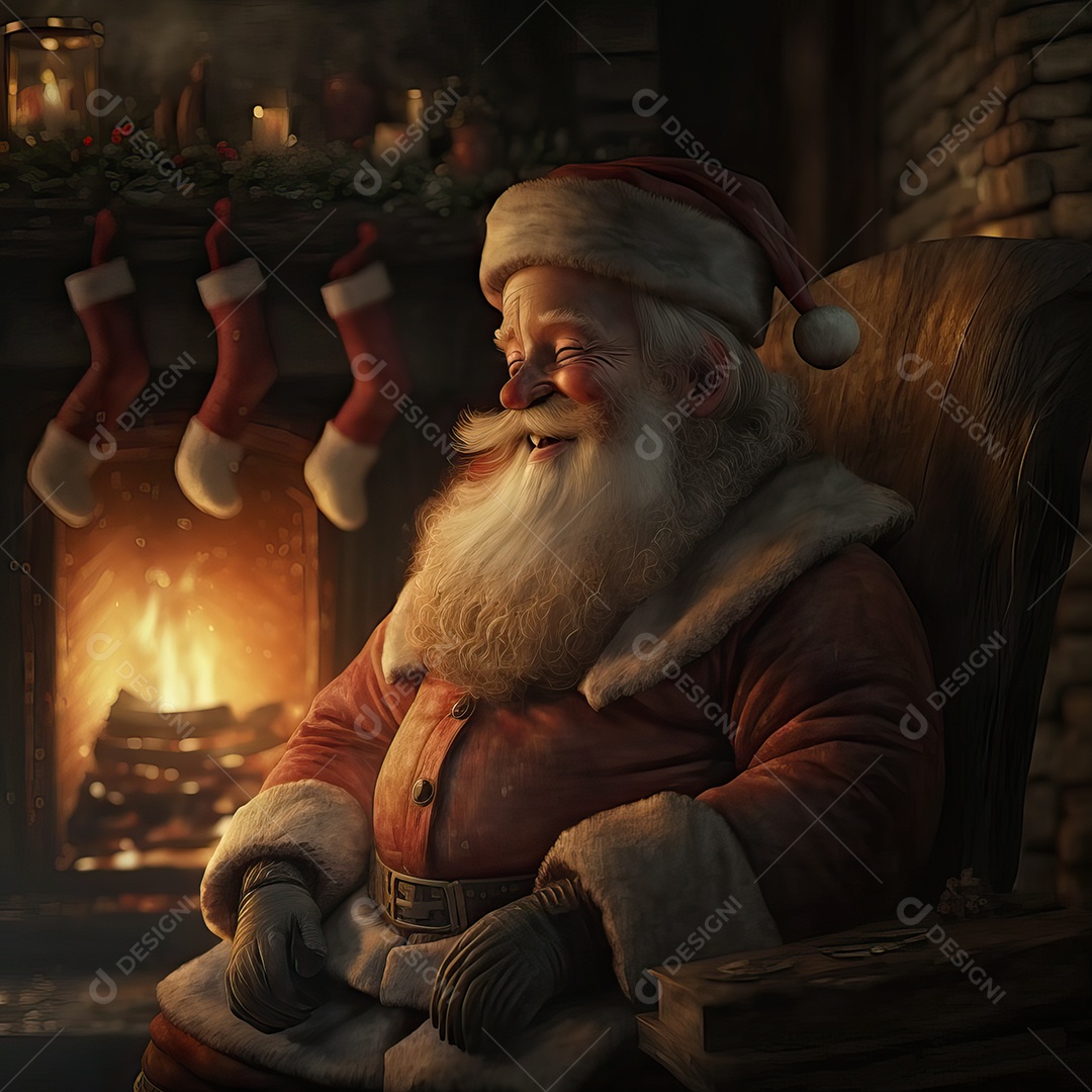 Papai Noel em sua casa sorrindo e amigável sentado perto da lareira na noite de Natal.