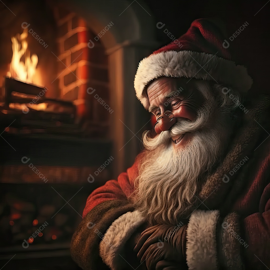 Papai Noel em sua casa sorrindo e amigável sentado perto da lareira na noite de Natal.