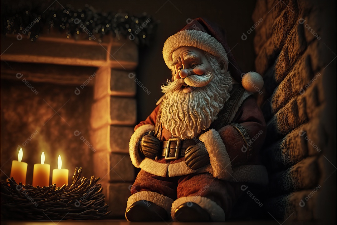 Papai Noel em sua casa sorrindo e amigável sentado perto da lareira na noite de Natal.