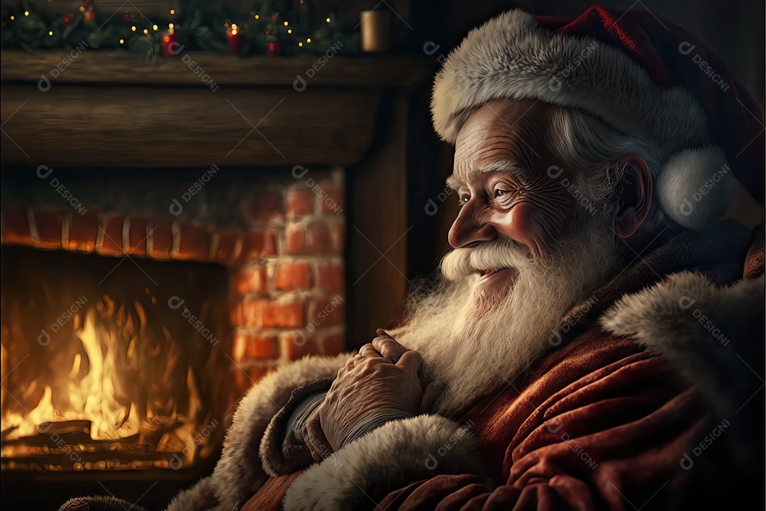 Papai Noel em sua casa sorrindo e amigável sentado perto da lareira na noite de Natal.