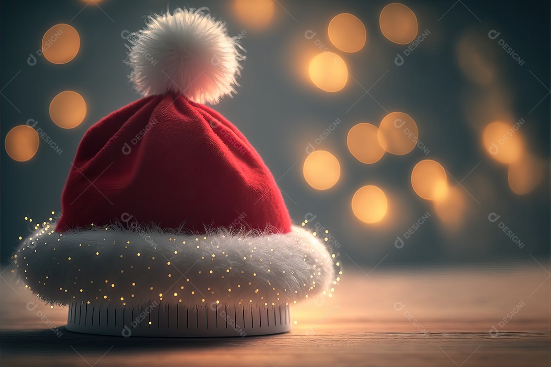 Chapéu de Papai Noel de Natal com painel solar fotovoltaico e lâmpada isolada em fundo laranja.