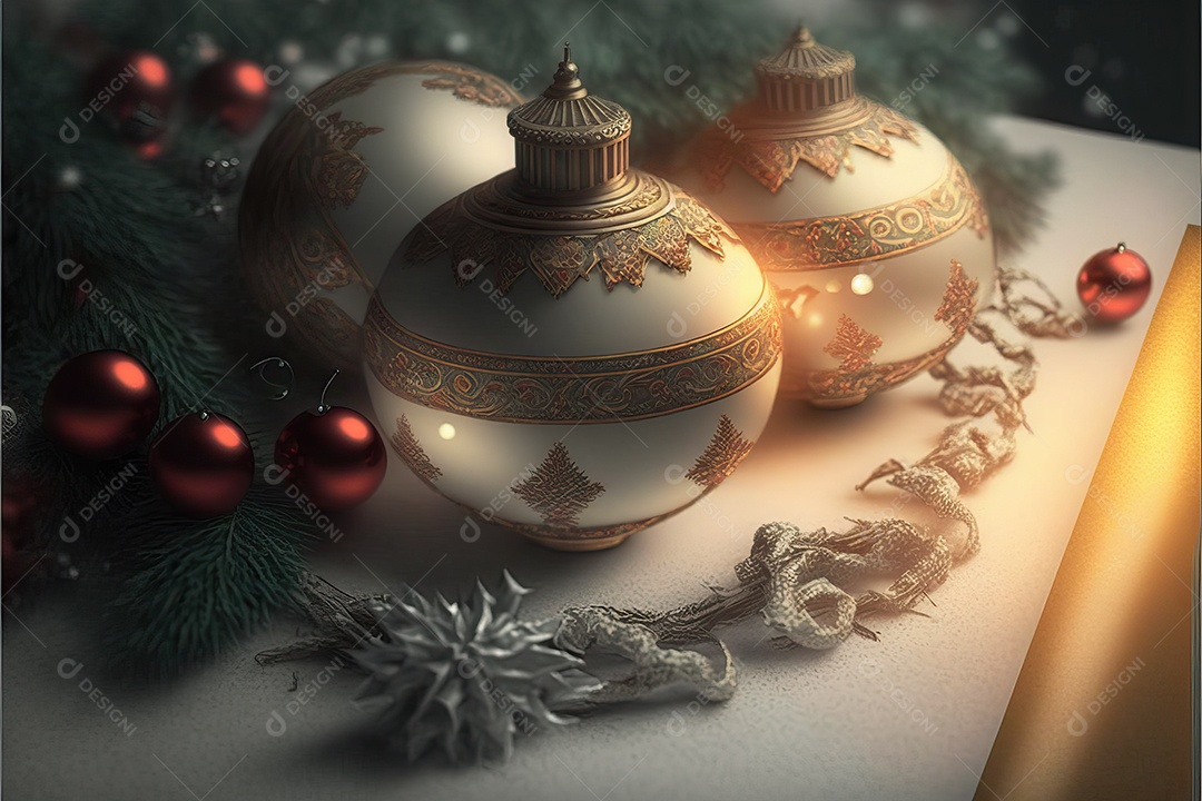 Close-up de enfeites na árvore de Natal com guirlandas em fundo colorido com foco seletivo e fundo desfocado.