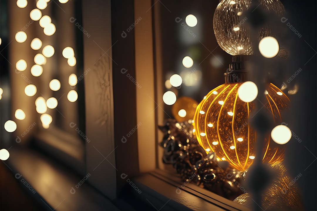 Guirlanda de luz de Natal na janela e decoração em fundo colorido com foco seletivo e fundo desfocado.