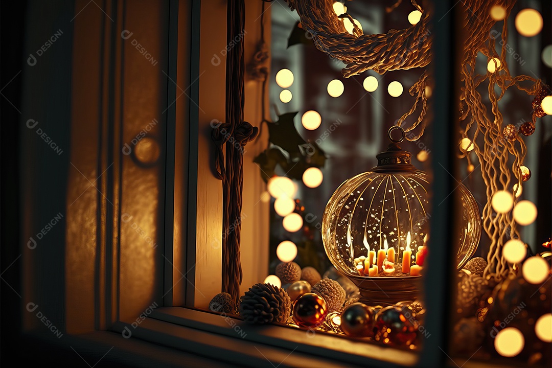 Guirlanda de luz de Natal na janela e decoração em fundo colorido com foco seletivo e fundo desfocado.