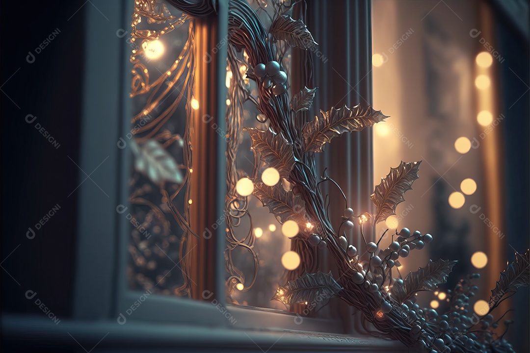 Guirlanda de luz de Natal na janela e decoração em fundo colorido com foco seletivo e fundo desfocado.