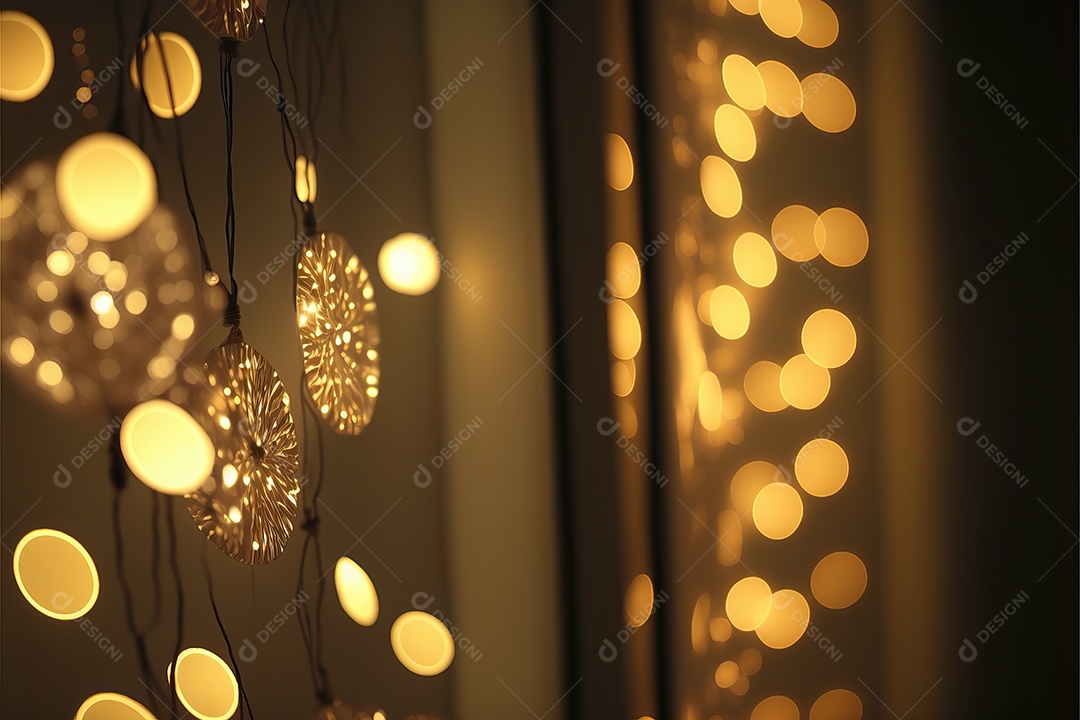 Guirlanda de luz de Natal na janela e decoração em fundo colorido com foco seletivo e fundo desfocado.
