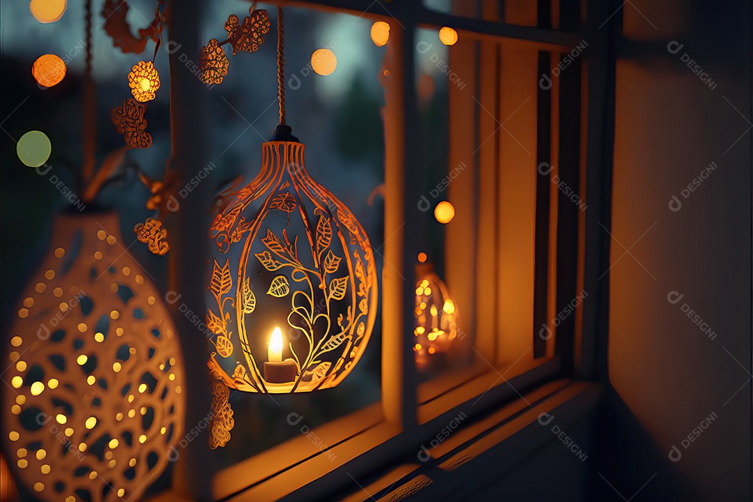 Guirlanda de luz de Natal na janela e decoração em fundo colorido com foco seletivo e fundo desfocado.