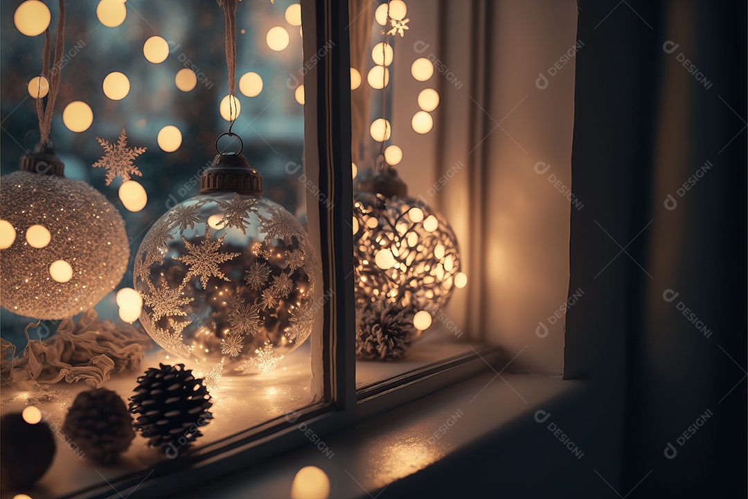 Guirlanda de luz de Natal na janela e decoração em fundo colorido com foco seletivo e fundo desfocado.