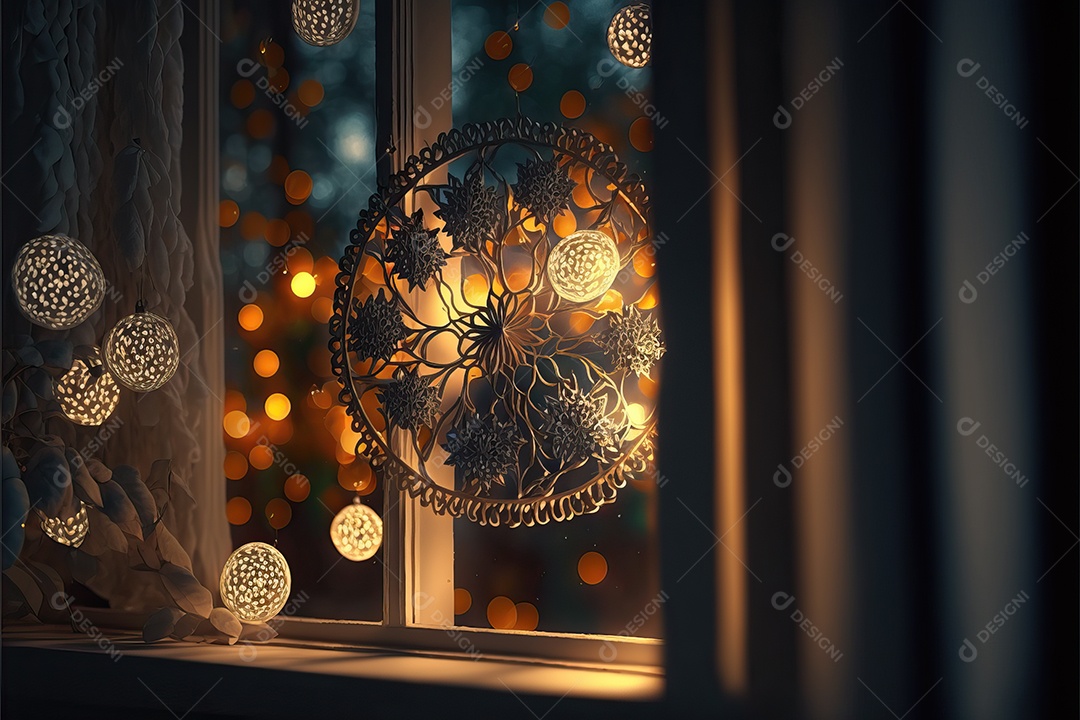 Guirlanda de luz de Natal na janela e decoração em fundo colorido com foco seletivo e fundo desfocado.