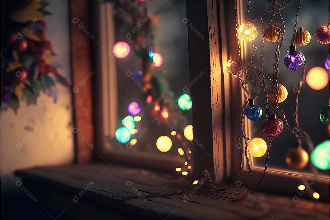 Guirlanda de luz de Natal na janela e decoração em fundo colorido com foco seletivo e fundo desfocado.