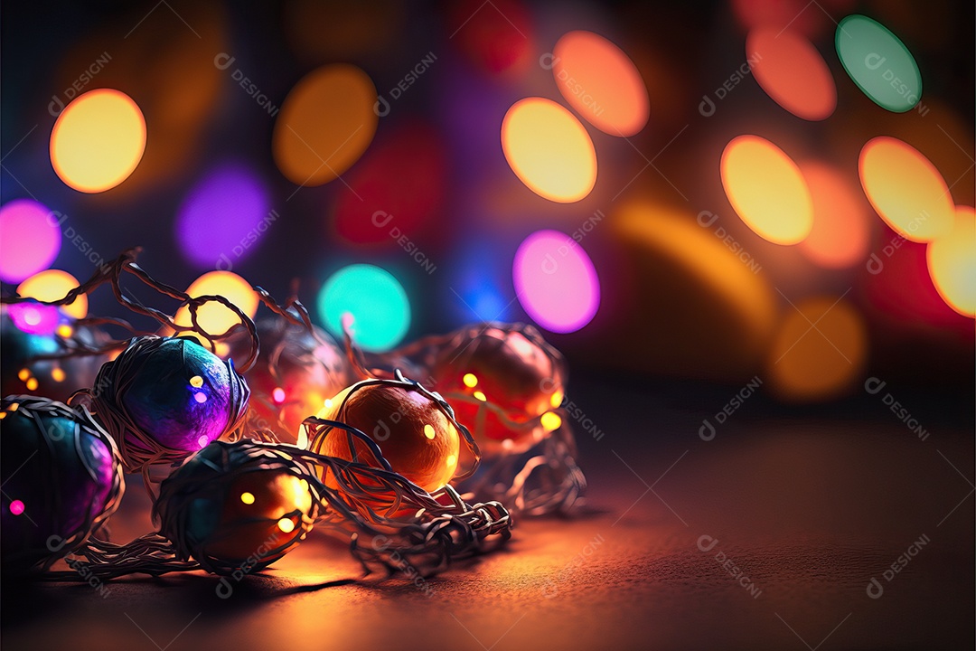 Guirlanda de luz de Natal na janela e decoração em fundo colorido com foco seletivo e fundo desfocado.