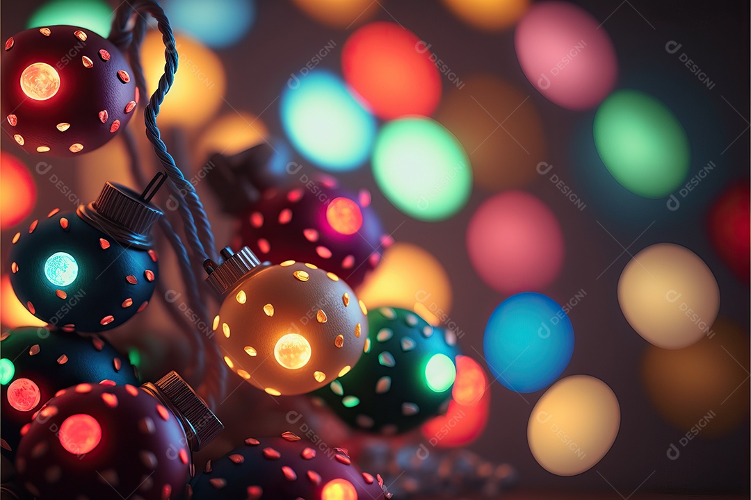 Guirlanda de luz de Natal na janela e decoração em fundo colorido com foco seletivo e fundo desfocado.