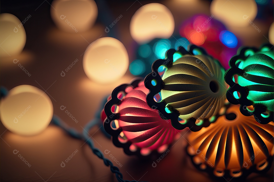Guirlanda de luz de Natal na janela e decoração em fundo colorido com foco seletivo e fundo desfocado.