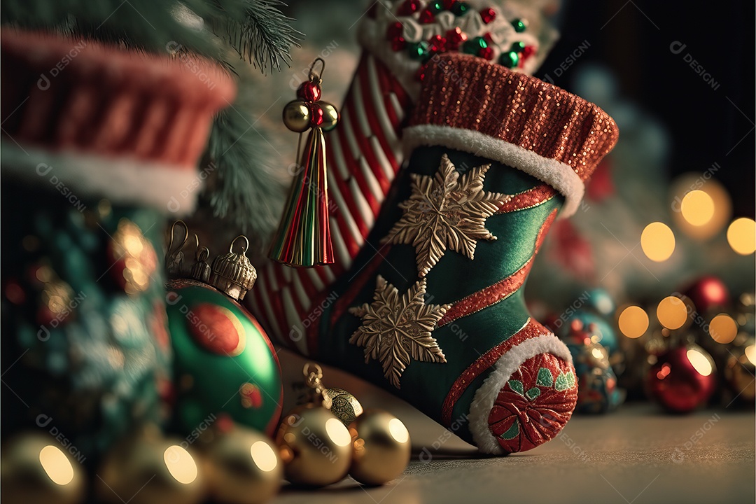 Meias de Natal na lareira e decoração em fundo colorido com foco seletivo e fundo desfocado.