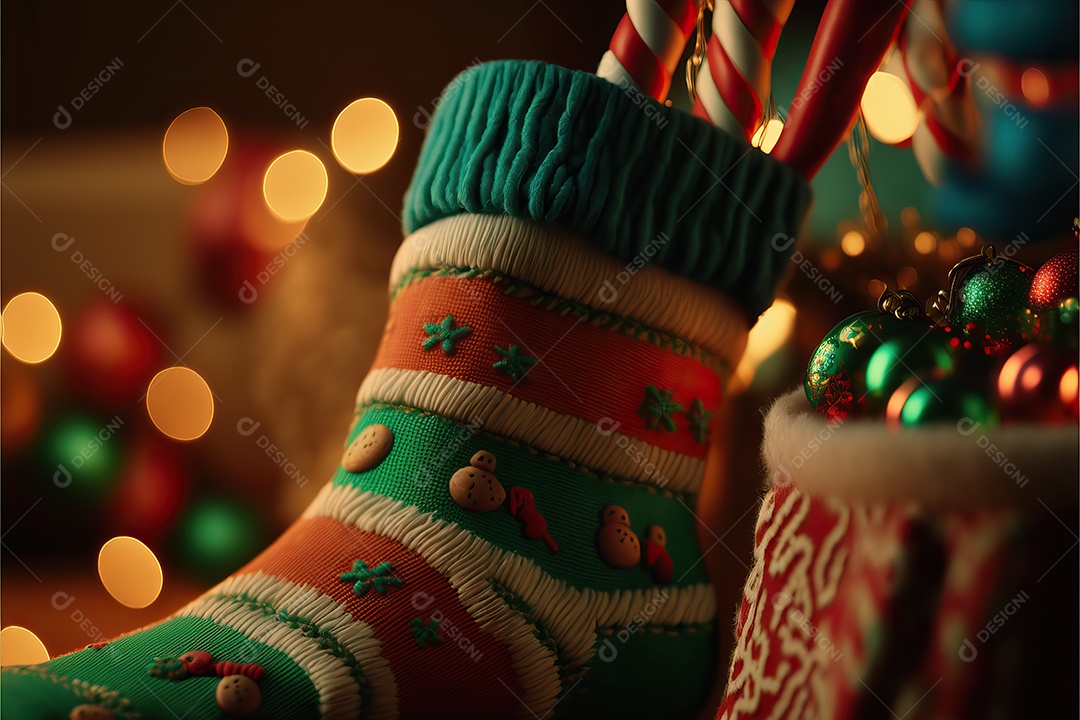 Meias de Natal na lareira e decoração em fundo colorido com foco seletivo e fundo desfocado.