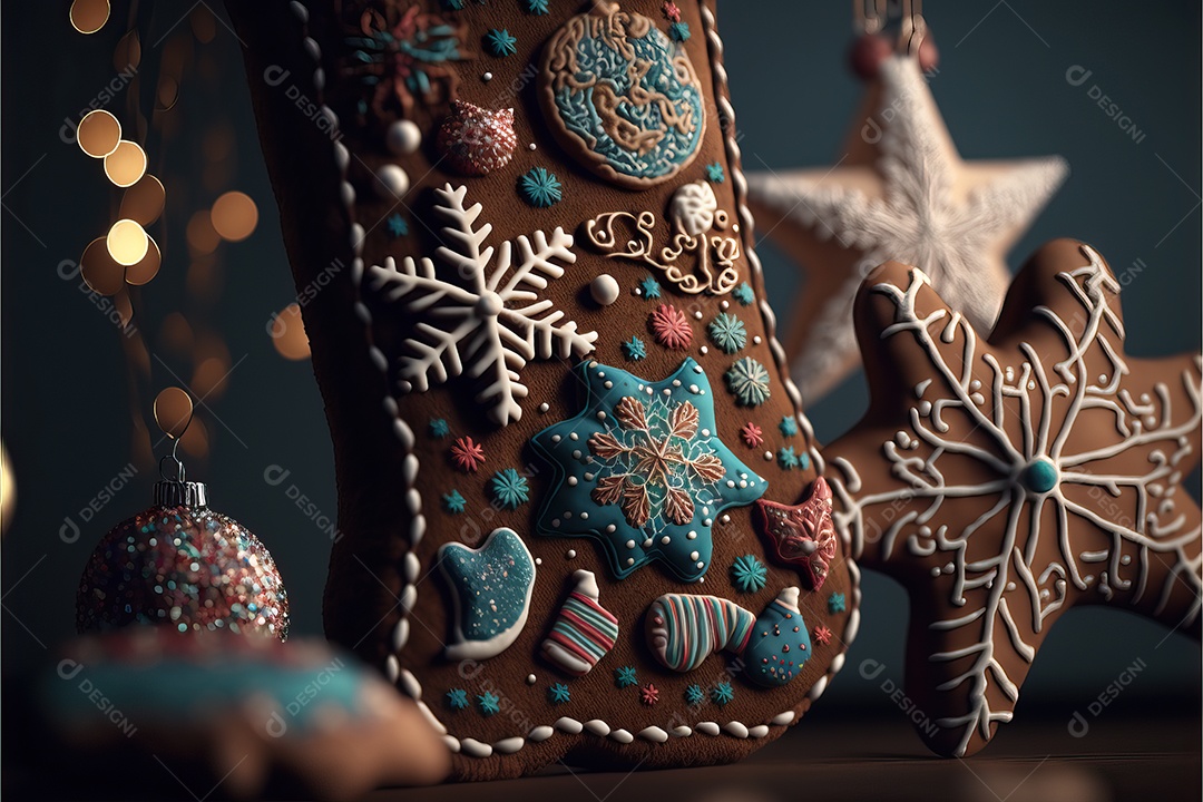 Meias de Natal na lareira e decoração em fundo colorido com foco seletivo e fundo desfocado.