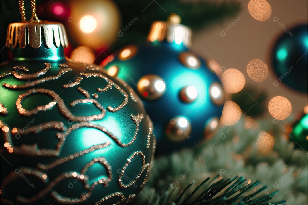 Close-up de enfeites na árvore de Natal com guirlandas em fundo colorido com foco seletivo e fundo desfocado.