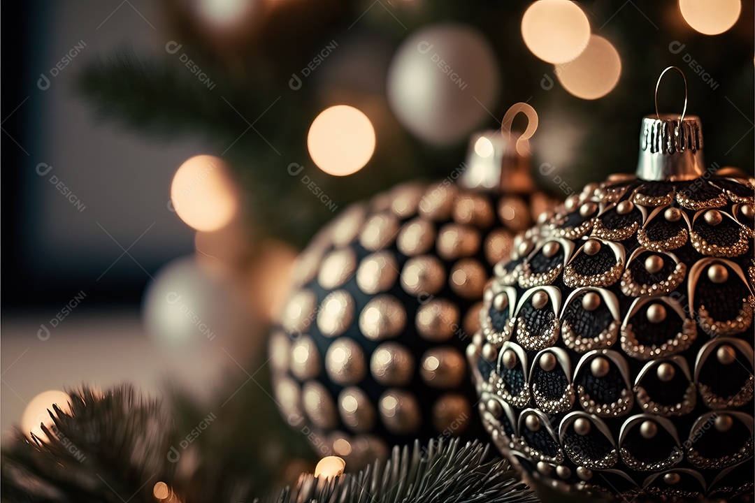Close-up de enfeites na árvore de Natal com guirlandas em fundo colorido com foco seletivo e fundo desfocado.