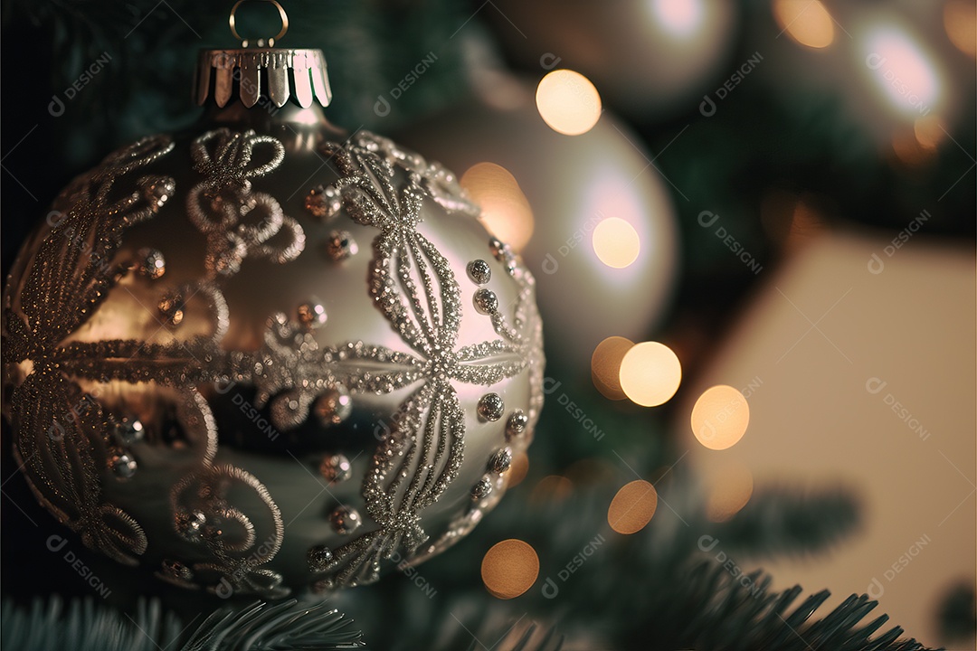 Close-up de enfeites na árvore de Natal com guirlandas em fundo colorido com foco seletivo e fundo desfocado.