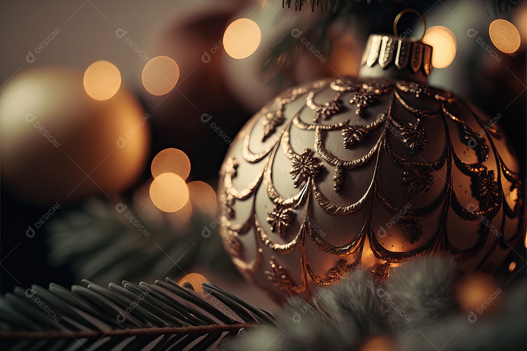 Close-up de enfeites na árvore de Natal com guirlandas em fundo colorido com foco seletivo e fundo desfocado.