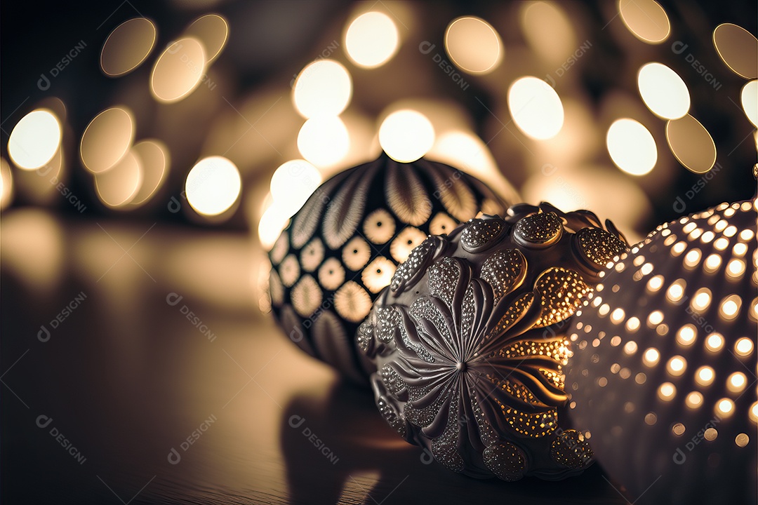 Close-up de enfeites na árvore de Natal com guirlandas em fundo colorido com foco seletivo e fundo desfocado.