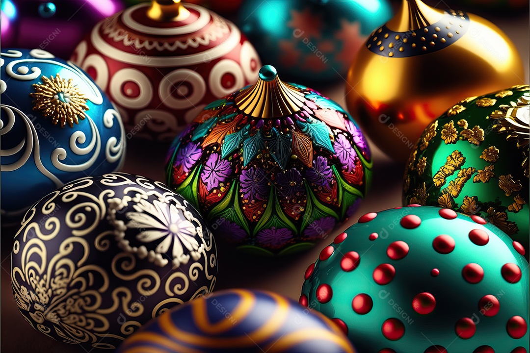 Close-up de enfeites na árvore de Natal com guirlandas em fundo colorido com foco seletivo e fundo desfocado.