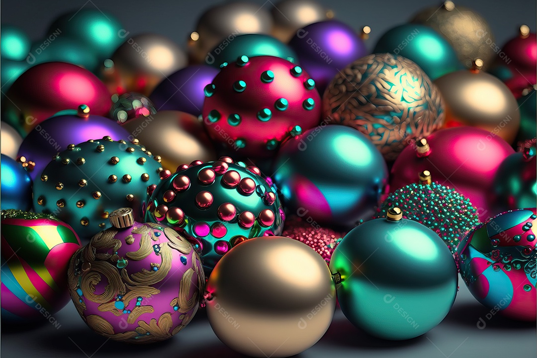 Close-up de enfeites na árvore de Natal com guirlandas em fundo colorido com foco seletivo e fundo desfocado.