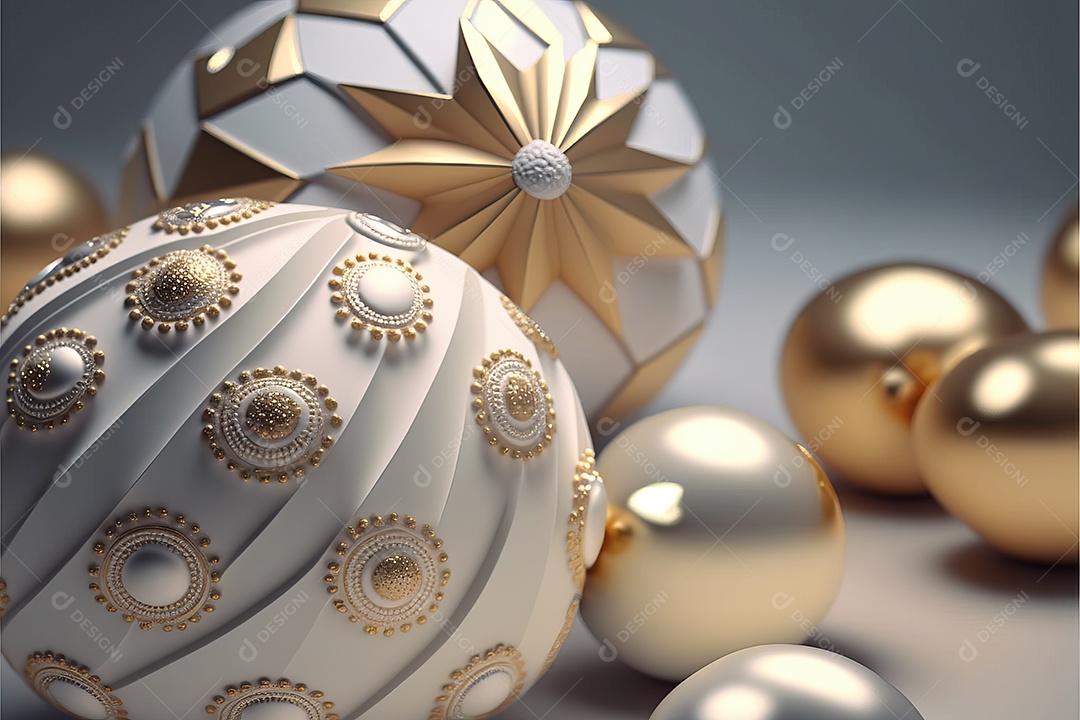 Close-up de enfeites na árvore de Natal com guirlandas em fundo colorido com foco seletivo e fundo desfocado.