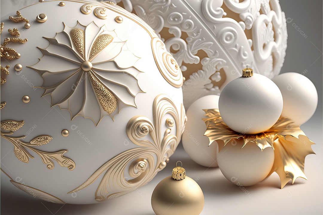 Close-up de enfeites na árvore de Natal com guirlandas em fundo colorido com foco seletivo e fundo desfocado.