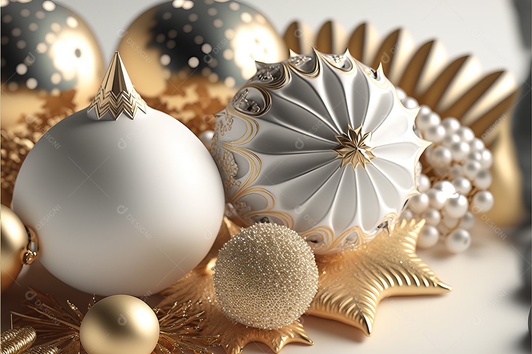 Close-up de enfeites na árvore de Natal com guirlandas em fundo colorido com foco seletivo e fundo desfocado.