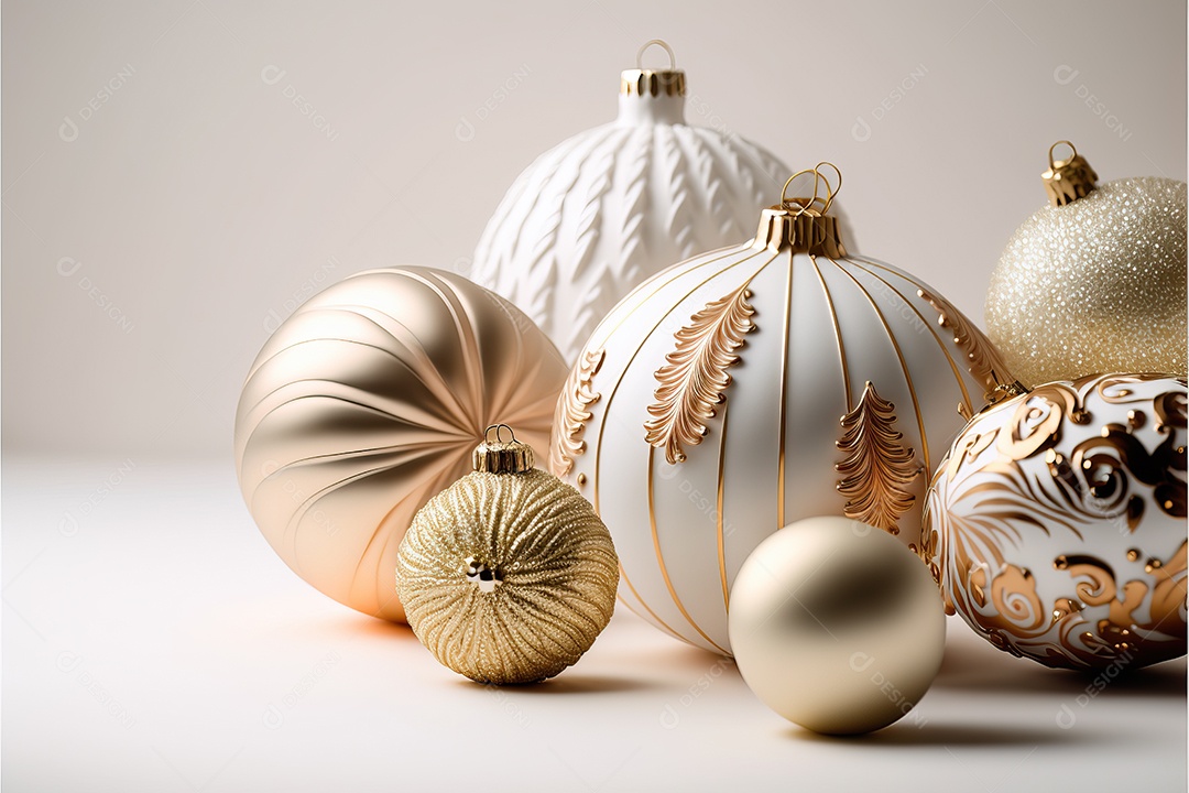 Close-up de enfeites na árvore de Natal com guirlandas em fundo colorido com foco seletivo e fundo desfocado.