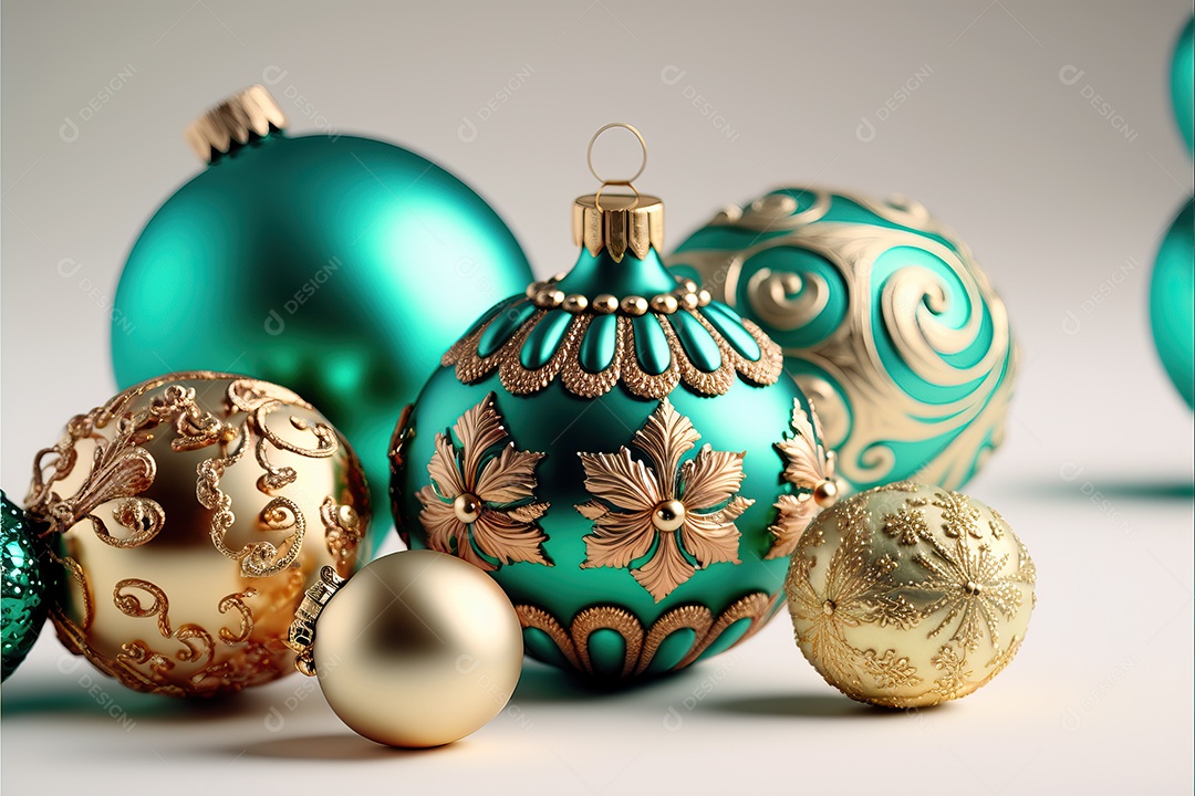 Close-up de enfeites na árvore de Natal com guirlandas em fundo colorido com foco seletivo e fundo desfocado.