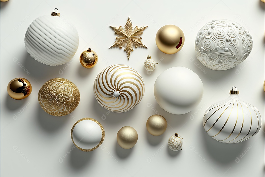 Close-up de enfeites na árvore de Natal com guirlandas em fundo colorido com foco seletivo e fundo desfocado.