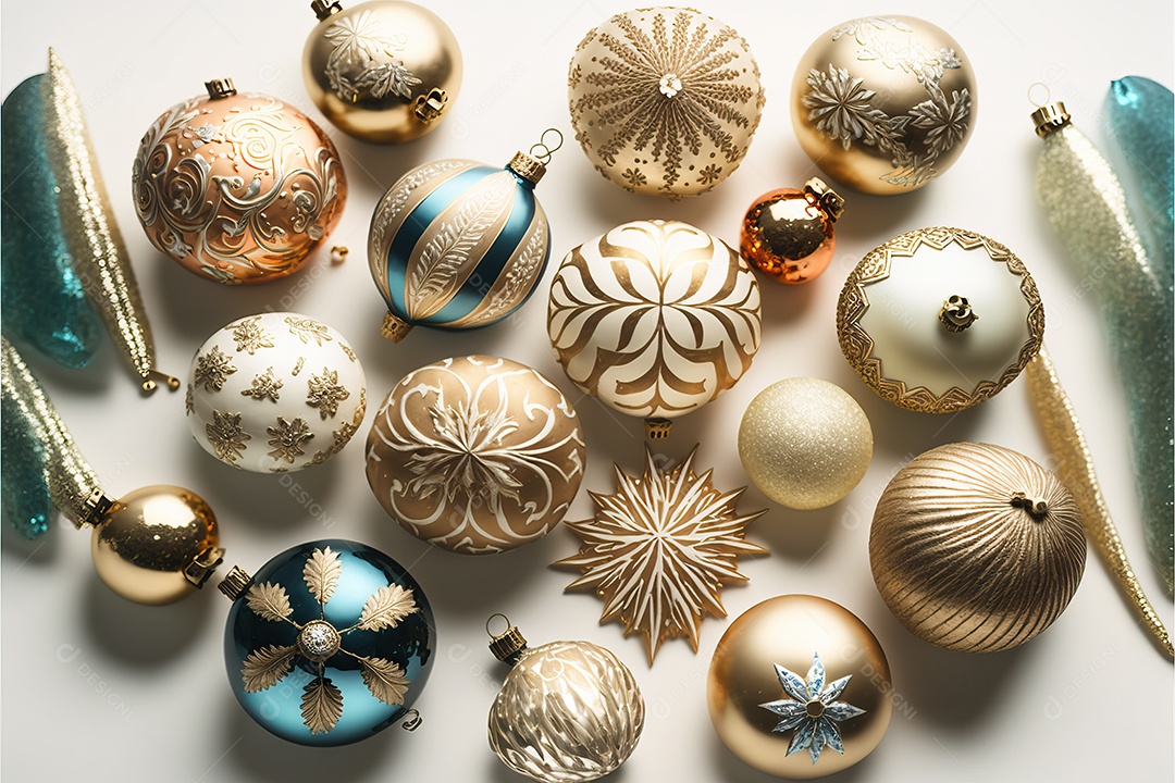 Close-up de enfeites na árvore de Natal com guirlandas em fundo colorido com foco seletivo e fundo desfocado.