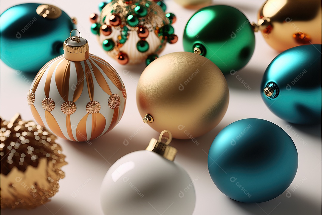 Close-up de enfeites na árvore de Natal com guirlandas em fundo colorido com foco seletivo e fundo desfocado.