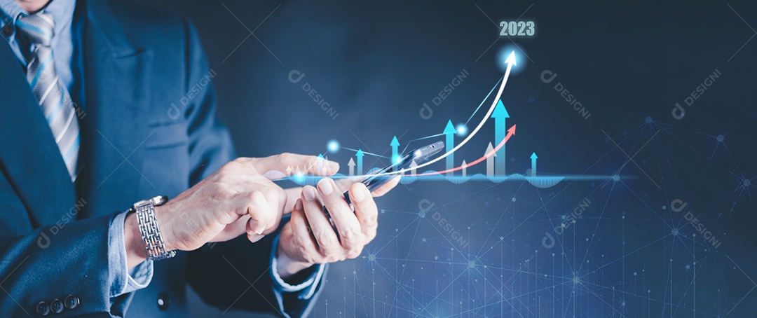 Crescimento dos negócios do plano de calçados do empresário em 2023, aumento de indicadores positivos diagrama de gráfico dados financeiros