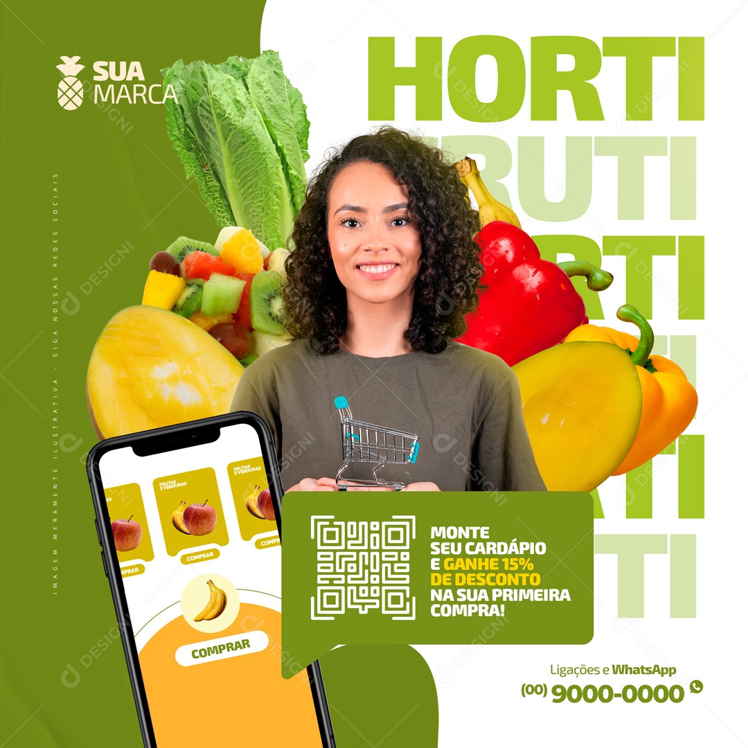 Monte deu Cardápio e Ganhe 15 % de Desconto Hortifruti Social Media PSD Editável