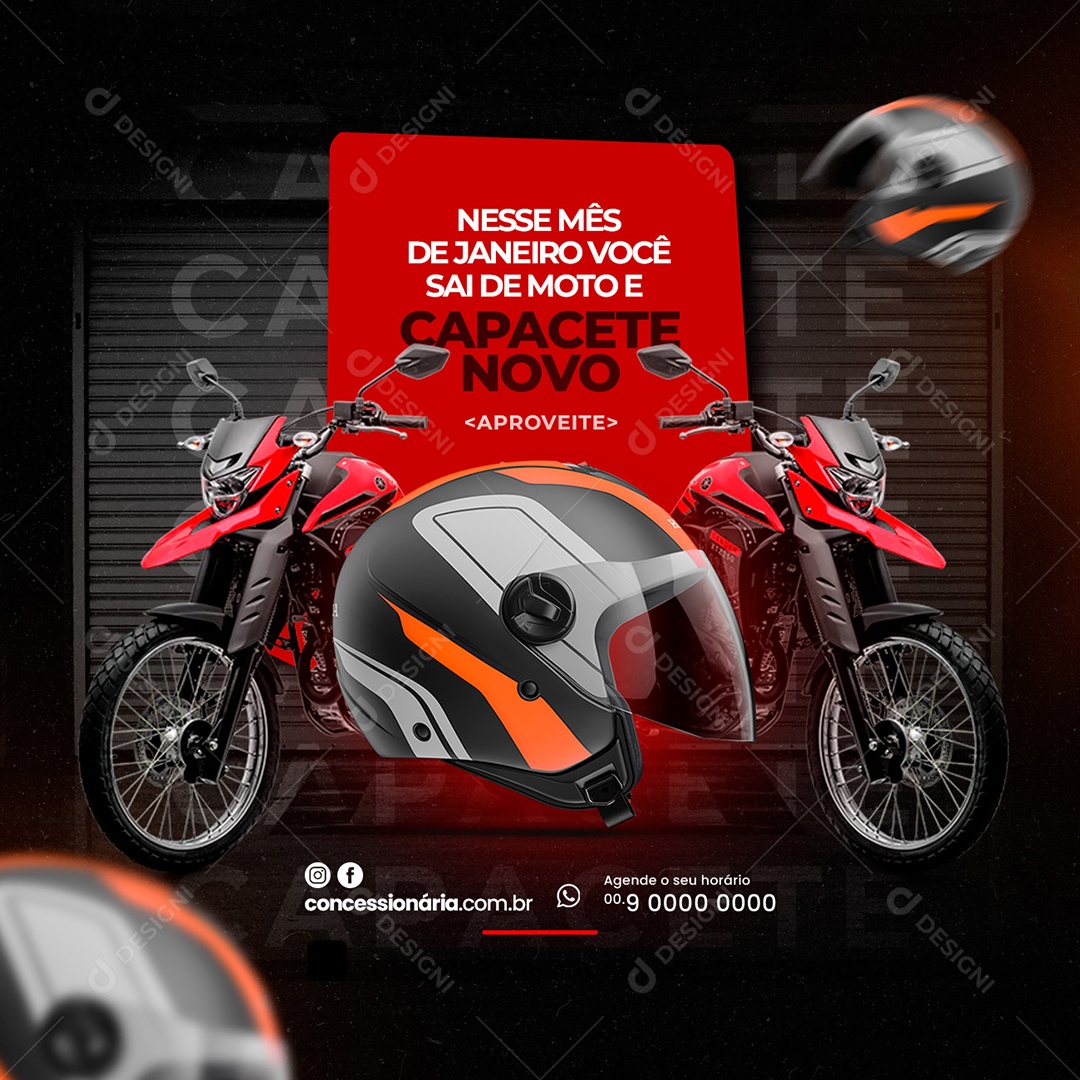 Nesse Mês de Janeiro Você sai de Moto e Capacete Novo Concessionária Social Media PSD Editável