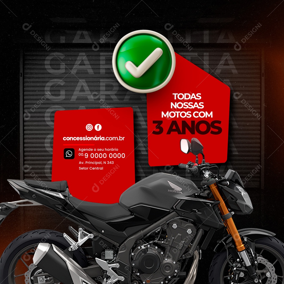 Todas Nossas Motos com 3 Anos de Garantia Concessionária Social Media PSD Editável