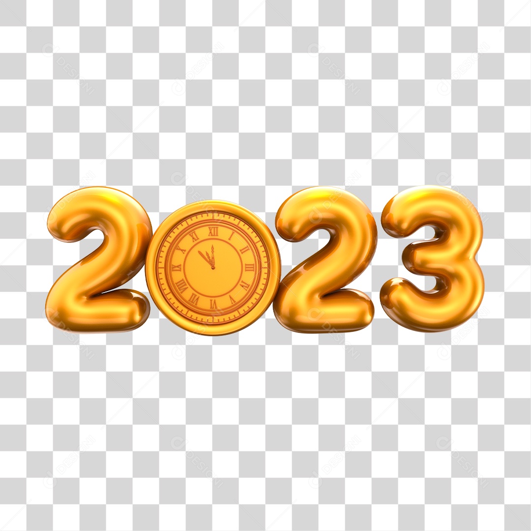 Número 2023 Dourado com Relógio Elemento 3D para Composição PNG Transparente