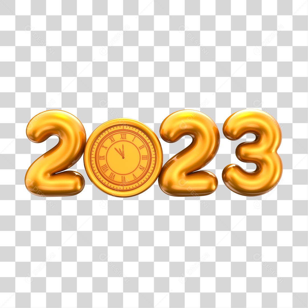 Número 2023 Dourado com Relógio Elemento 3D para Composição PNG Transparente