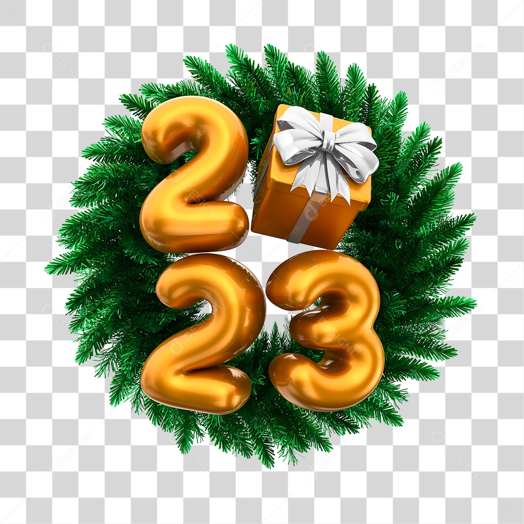 Número 2023 Dourado com Guirlanda Elemento 3D para Composição PNG Transparente