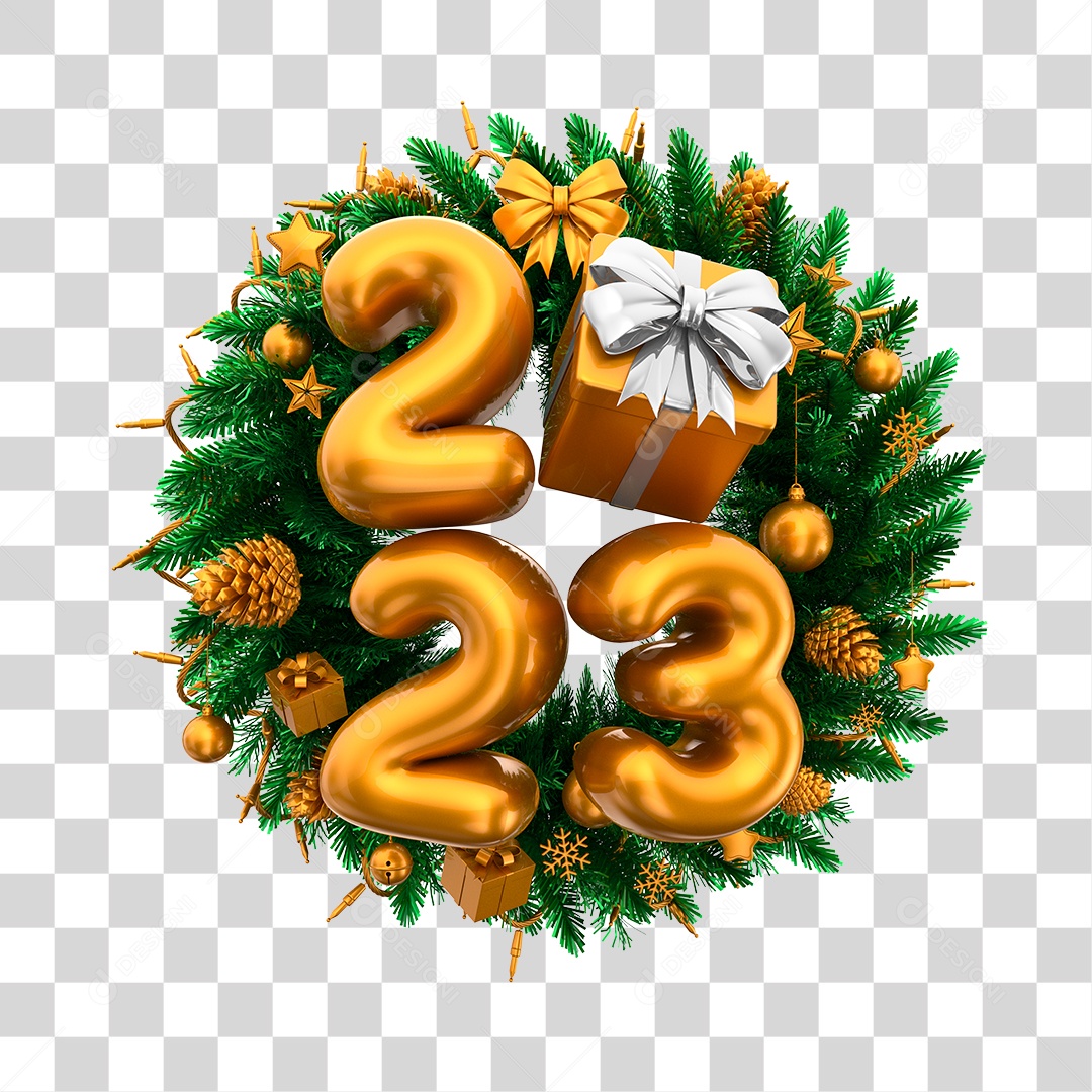 Número 2023 Dourado com Guirlanda Elemento 3D para Composição PNG Transparente