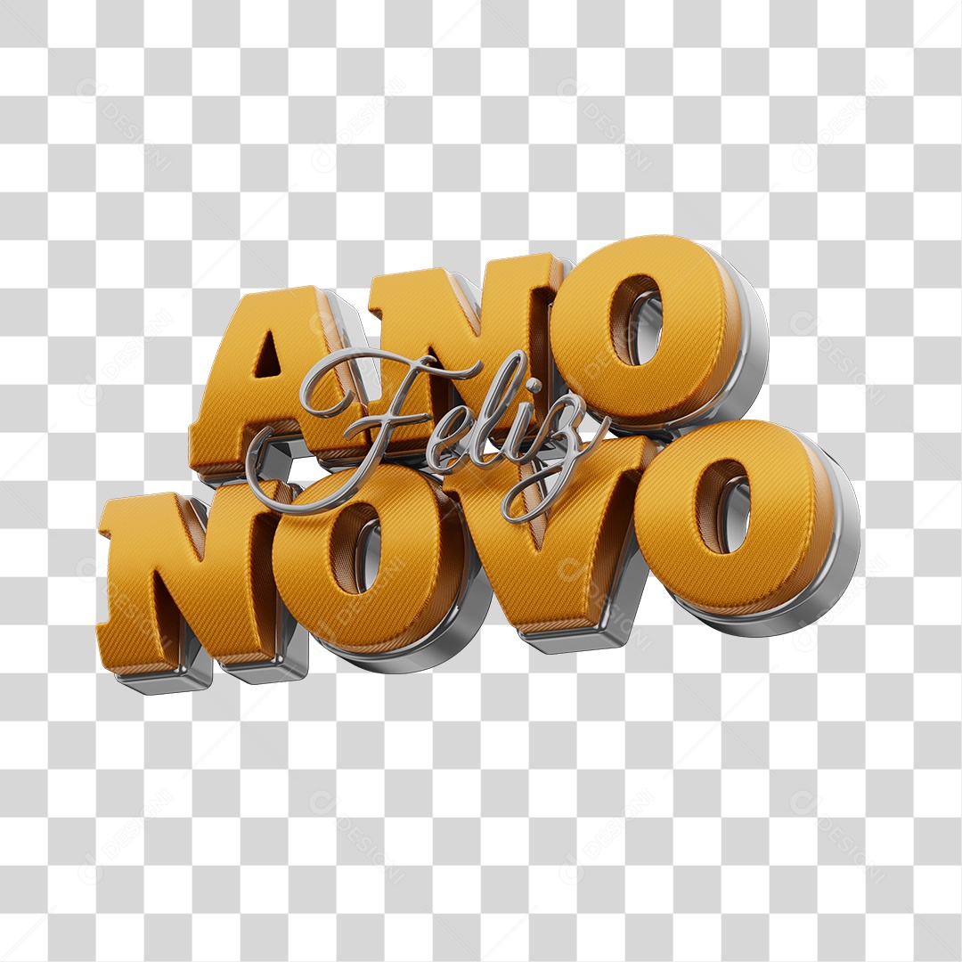 Feliz Ano Novo Texto 3D para Composição PNG Transparente