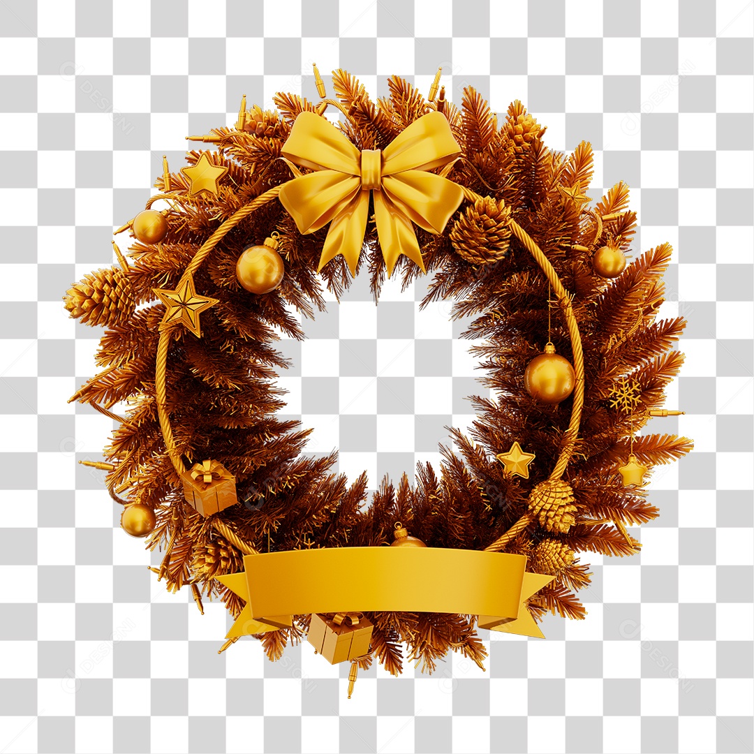 Guirlanda Decorativo Dourado Elemento 3D para Composição PNG Transparente