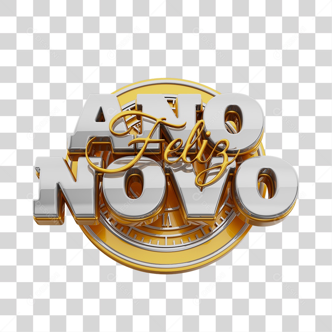 Feliz Ano Novo Selo 3D Dourado Prata Para Composição PNG Transparente
