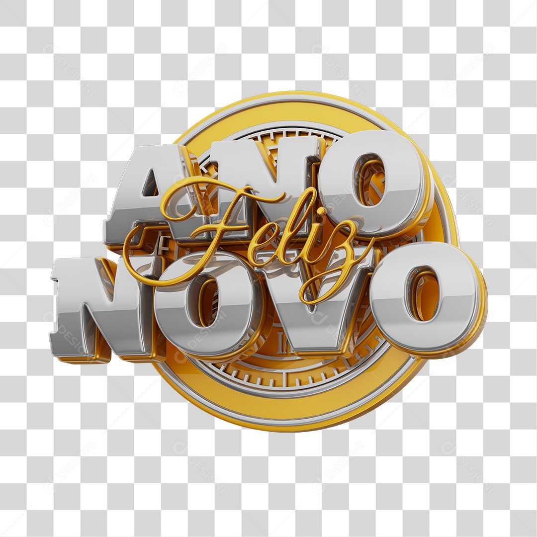 Feliz Ano Novo Selo 3D Dourado Prata Para Composição PNG Transparente