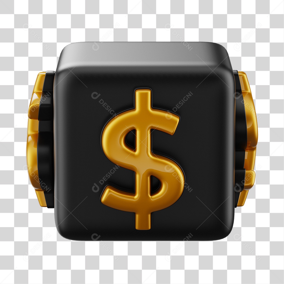 Cubo de Dólar Elemento 3D Dourado e Preto para Composição PNG Transparente